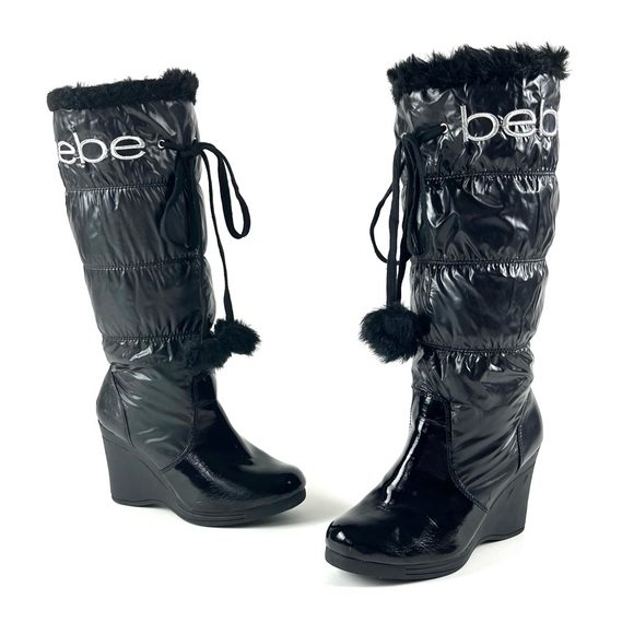 Bebe Rafa Tall Black Fur Trim Logo Puffer Wedge Boot - Picture 3 of 9